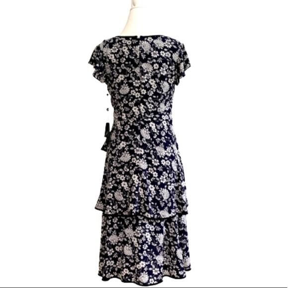 Adrianna Papell Dress Ditsy Navy Ivory Petunia Tiered Cap Sleeve Size 4 NEW - Picture 4 of 15